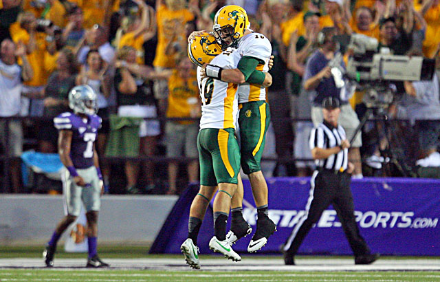 North Dakota State QB Brock Jensen (right) celebrates a TD with Ben LeCompte as the Bison stun K-State. (USATSI)