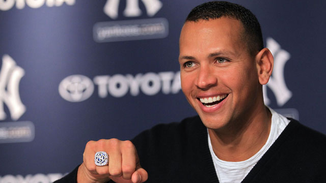 A detail of the World Series ring worn by Alex Rodriguez of the