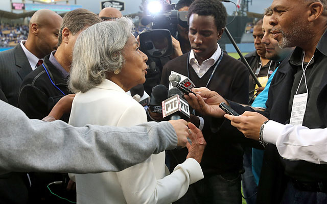 Rachel Robinson, 90, speaks to the media on a day that belongs to her and the late Jackie Robinson. (Getty)