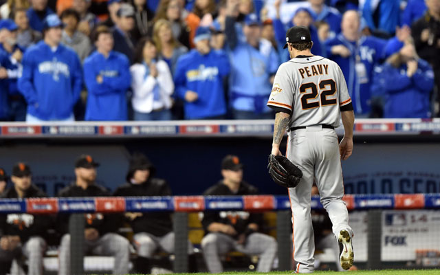 Jake Peavy exits after a very short outing in Game 6.