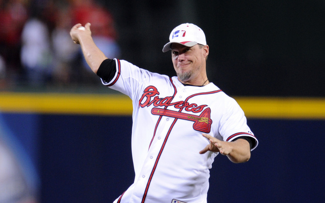 Chipper Jones had to throw the ceremonial first pitch to the Braves mascot in Game 1.