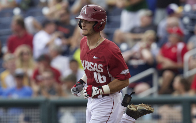 Fayetteville, AR. 6th June, 2015. Arkansas hitter Andrew Benintendi #16  reacts following a four called ball. The Missouri State Bears defeated the  Arkansas Razorbacks 3-1 in the second game of the Super