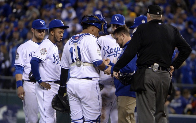 What did Salvador Perez have on his shin guard in Game 1?