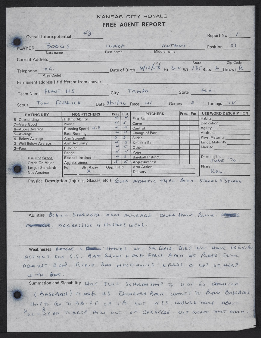 PHOTO: Wade Boggs scouting report from 1976 