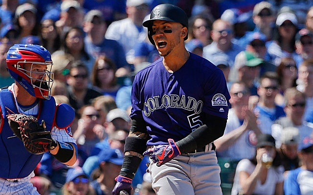 Carlos Gonzalez reacts to a strikeout on Sunday. 
