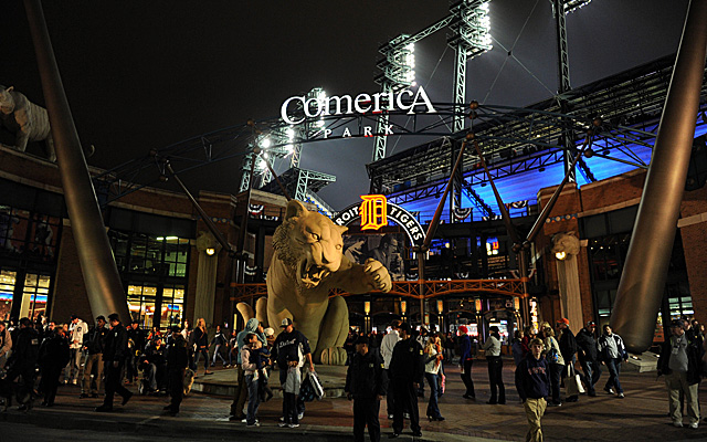 Detroit's Comerica Park, lit up for night action.