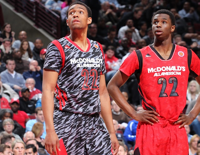 Jabari Parker (left) and Andrew Wiggins will continue their battle on the collegiate hardwood. (USATSI)