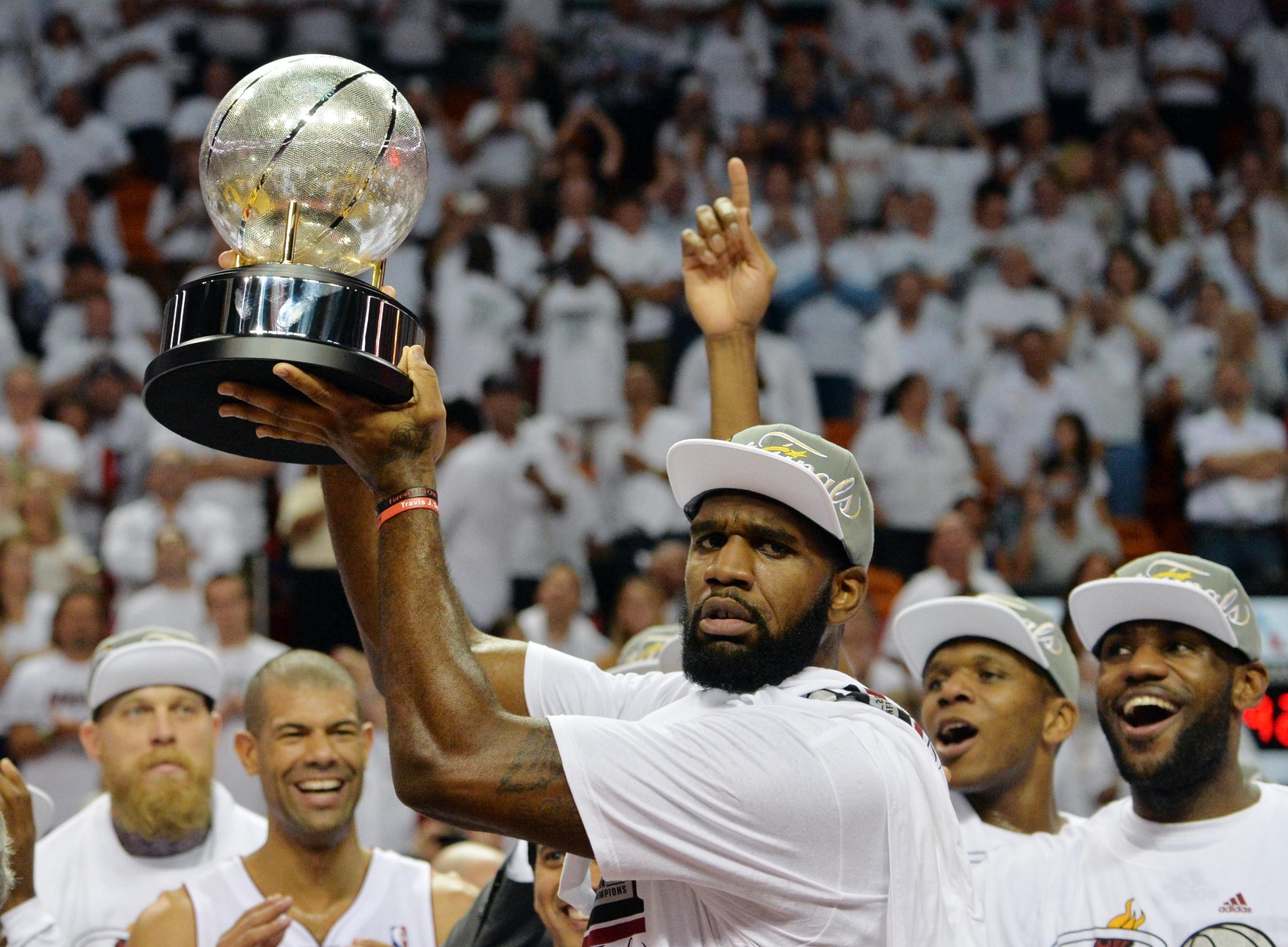 LeBron lead the Heat to the Finals again, then celebrated with his teammates.  (USATSI)