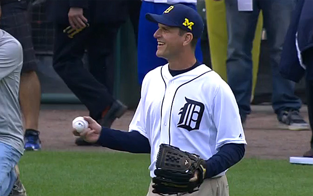 Jim Harbaugh takes on Comerica Park, khakis and all