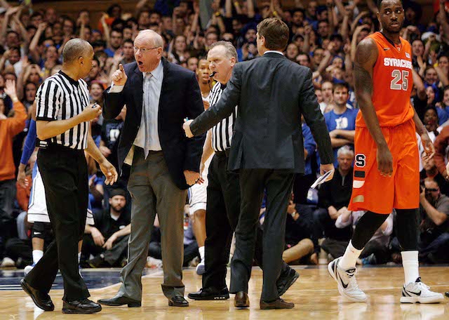 Jim Boeheim was given two technicals and ejected after disagreeing with a charge call. (USATSI)