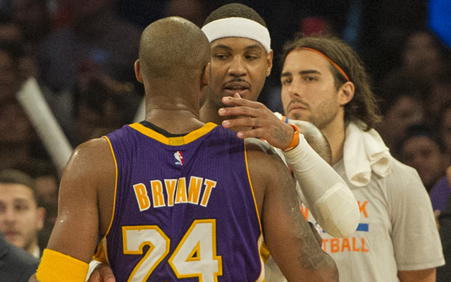 Carmelo Anthony and Kobe Bryant may have met for the final time Sunday.  (USATSI)