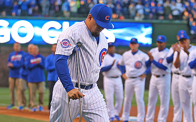 Kyle Schwarber, on one crutch for the Wrigley Field home opener.