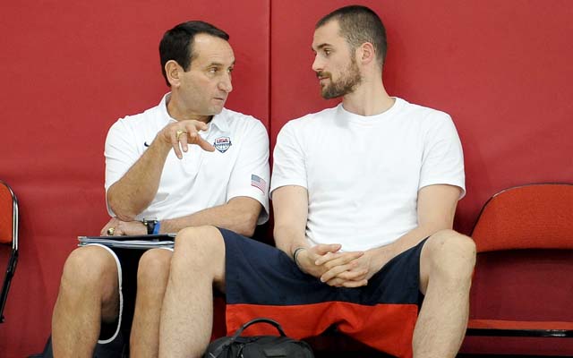 Coach K is a fan of Kevin Love.   (Getty)