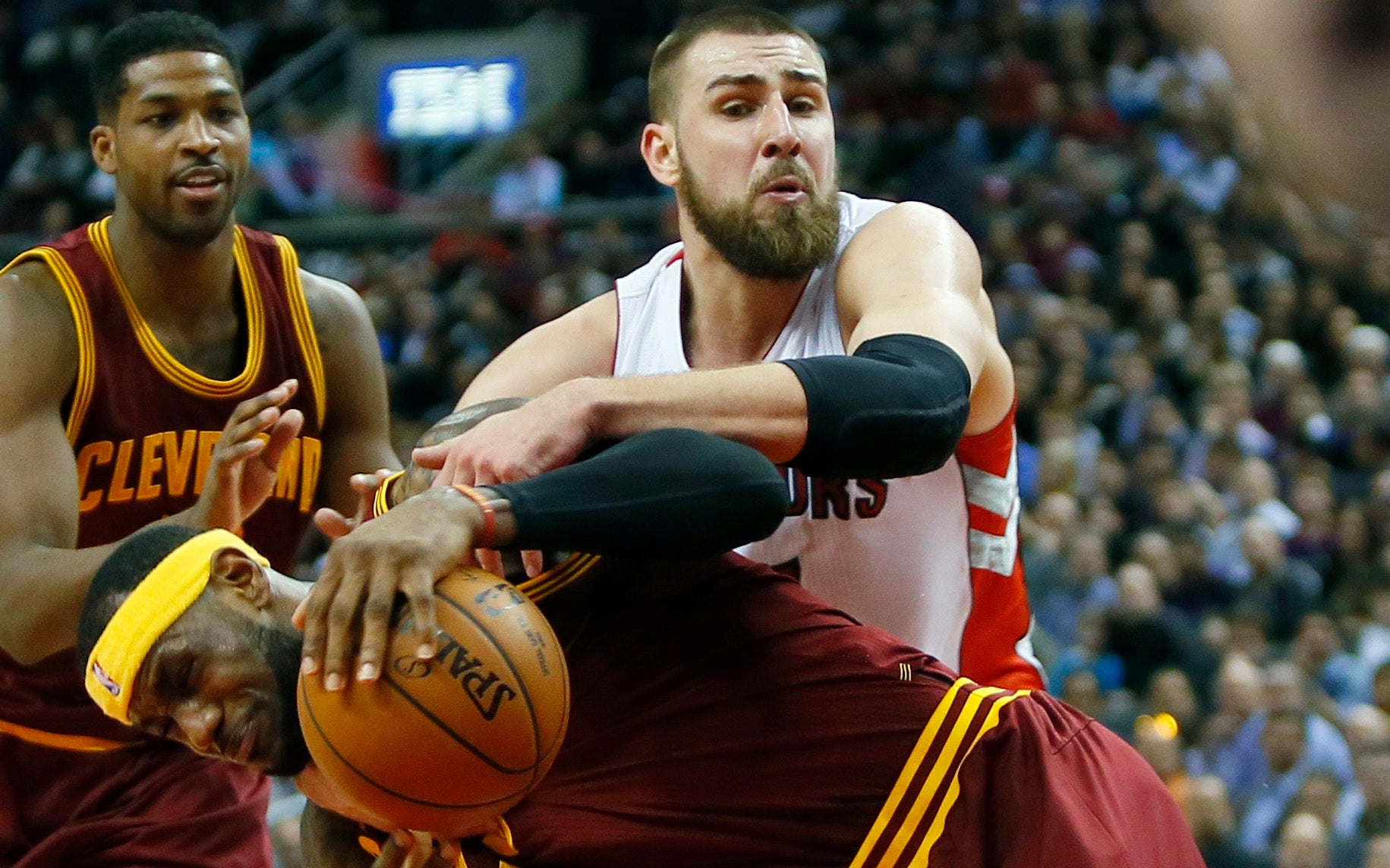 Jonas Valanciunas took down LeBron hard on Wednesday.  (USATSI)