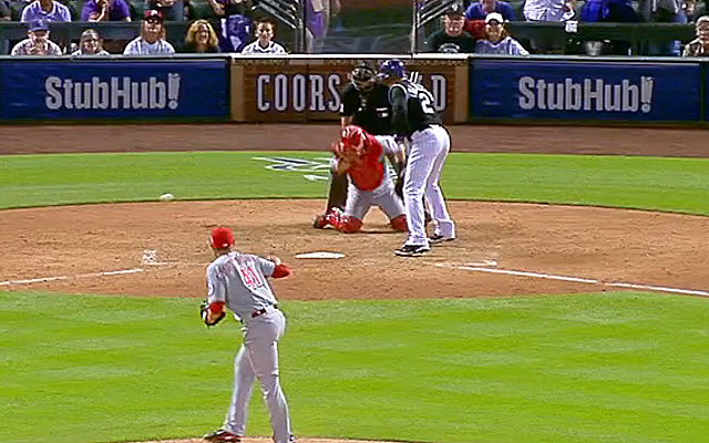 This would be the last pitch of the Reds-Rockies game Friday.