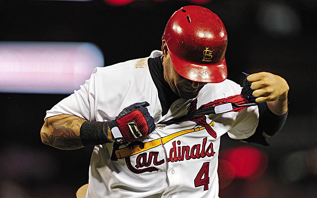 Yadier Molina was forced from Wednesday's game against the Pirates.