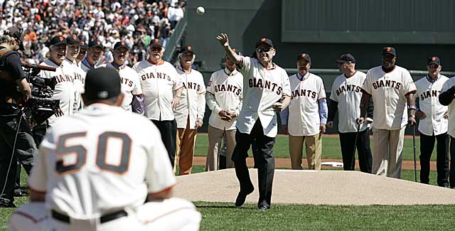 Stu Miller keeps his feet while throwing out a first pitch in SF in 2007. (USATSI)