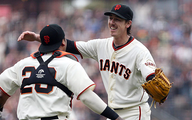Tim Lincecum embraces catcher Hector Sanchez after tossing his second no-hitter. (USATSI)
