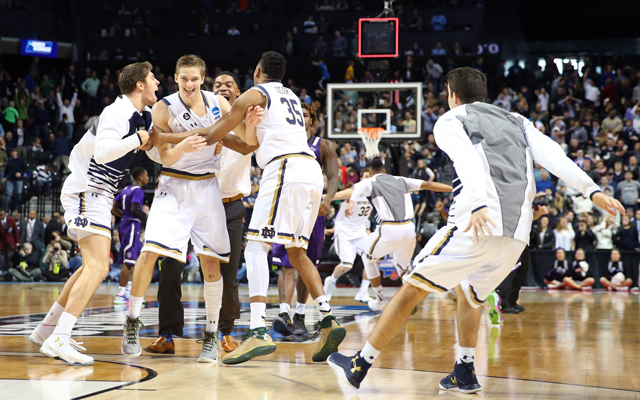 Notre Dame's Rex Pflueger is mobbed by his teammates. (USATSI)