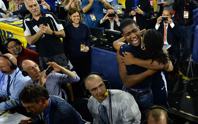 Kris Jenkins celebrates after Villanova's win on Monday. (USATSI)