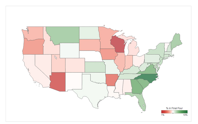 Relative percentage of people by state that picked UNC to advance to the Final Four in 2015. (BracketVoodoo)