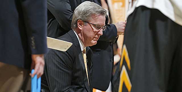 Fran McCaffery talks to his Iowa Hawkeyes during a timeout. (USATSI)