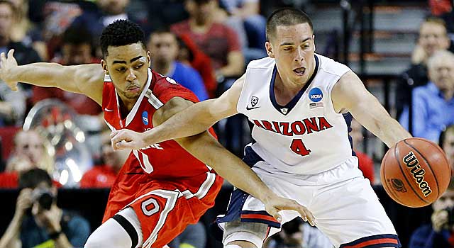 Arizona's T.J. McConnell gets to a loose ball before Ohio State's D'Angelo Russell. (Getty Images)