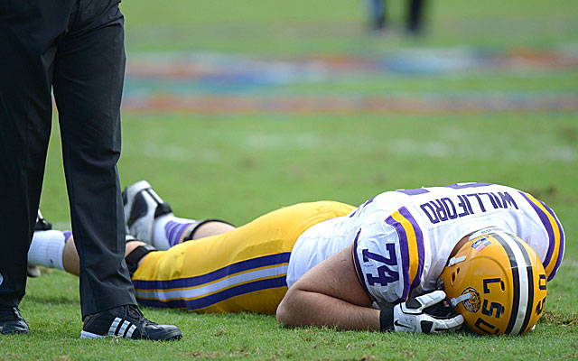 LSU guard Josh Williford is hurt in the 2012 game against Florida. (USATSI)