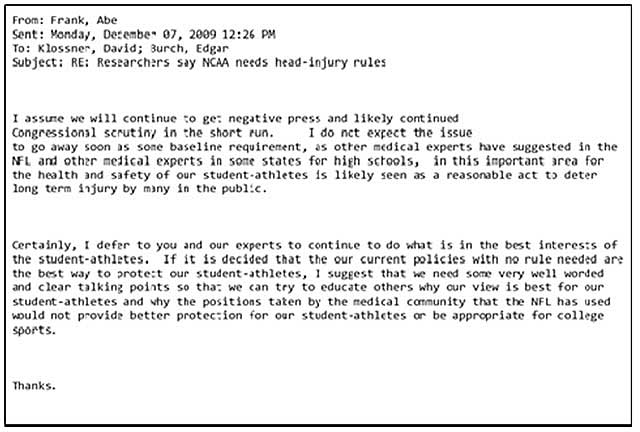 Intercepted NCAA email on head injuries. (Provided to CBSSports.com)