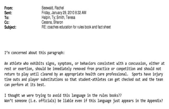 Intercepted NCAA email questioning wording on concussions. (Provided to CBSSports.com)