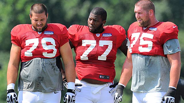 Mike Johnson (79) has the Falcons scrambling at right tackle after being injured. (USATSI)