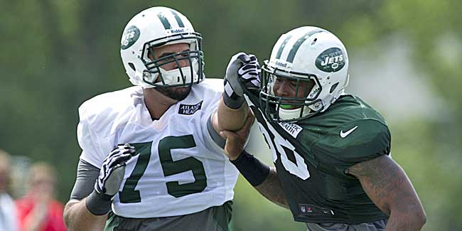 Oday Aboushi (75) gets after it during training camp, and looks like a pick who will stick. (USATSI)