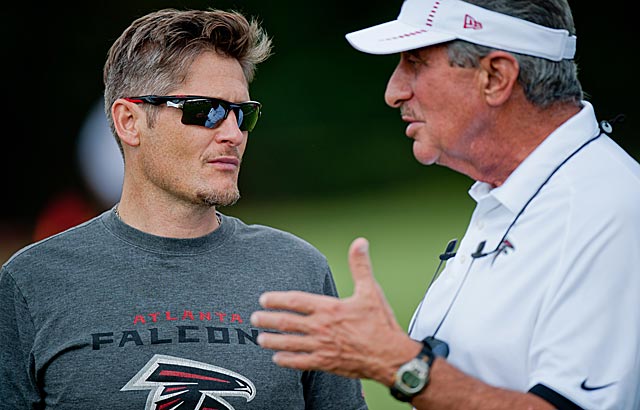 Thomas Dimitroff (left) scores with three undrafted players who are making the Falcons. (USATSI)