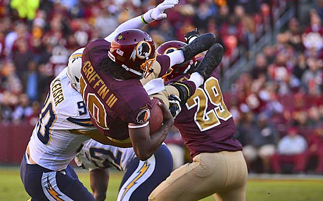 Robert Griffin III goes head over heels after taking a hit against the Chargers. (USATSI)