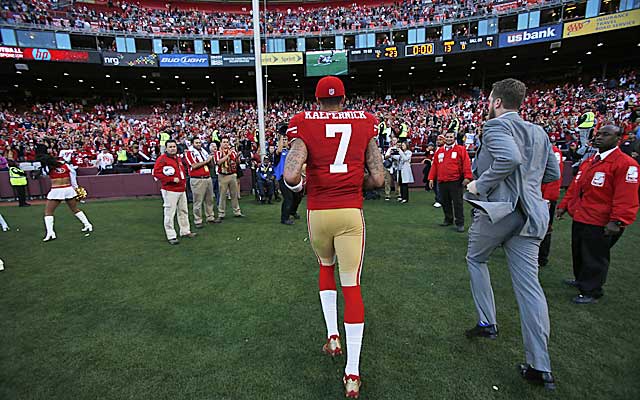 Colin Kaepernick leaves after a game vs. Seattle. The Niners play the final game at Candlestick on Monday. (Getty Images)