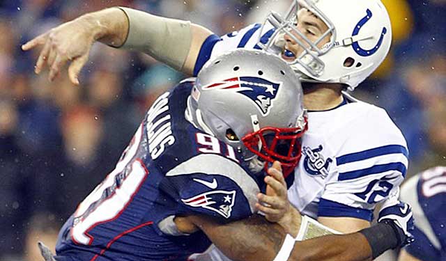 Jamie Collins makes the most of his chance, and makes Andrew Luck uncomfortable. (USATSI)