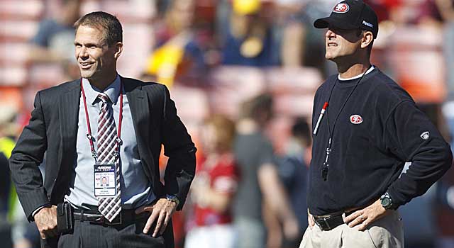 Can GM Trent Baalke and coach Jim Harbaugh get along? The 49ers need to figure that out. (USATSI)