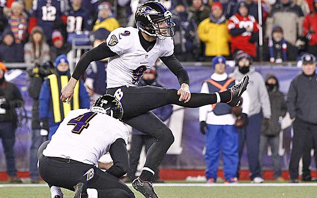 Justin Tucker boots a field goal against the Patriots in the AFC divisional round. (USATSI)