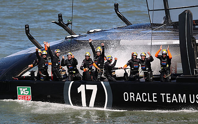 Members of Oracle Team USA celebrate their victory in the America's Cup races off San Francisco. (USATSI)