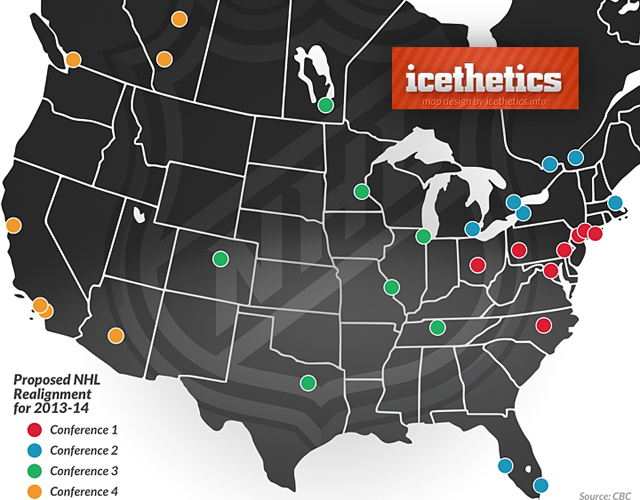 NHL 2013-14: Realignment Location-maps, with the 4 new divisions
