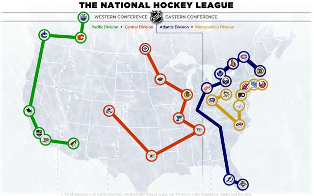 NHL 2013-14: Realignment Location-maps, with the 4 new divisions